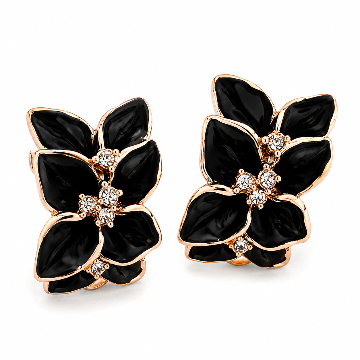 Black Flower Rose Gold Clip-On Earrings - Wholesale Artificial Jewelry
