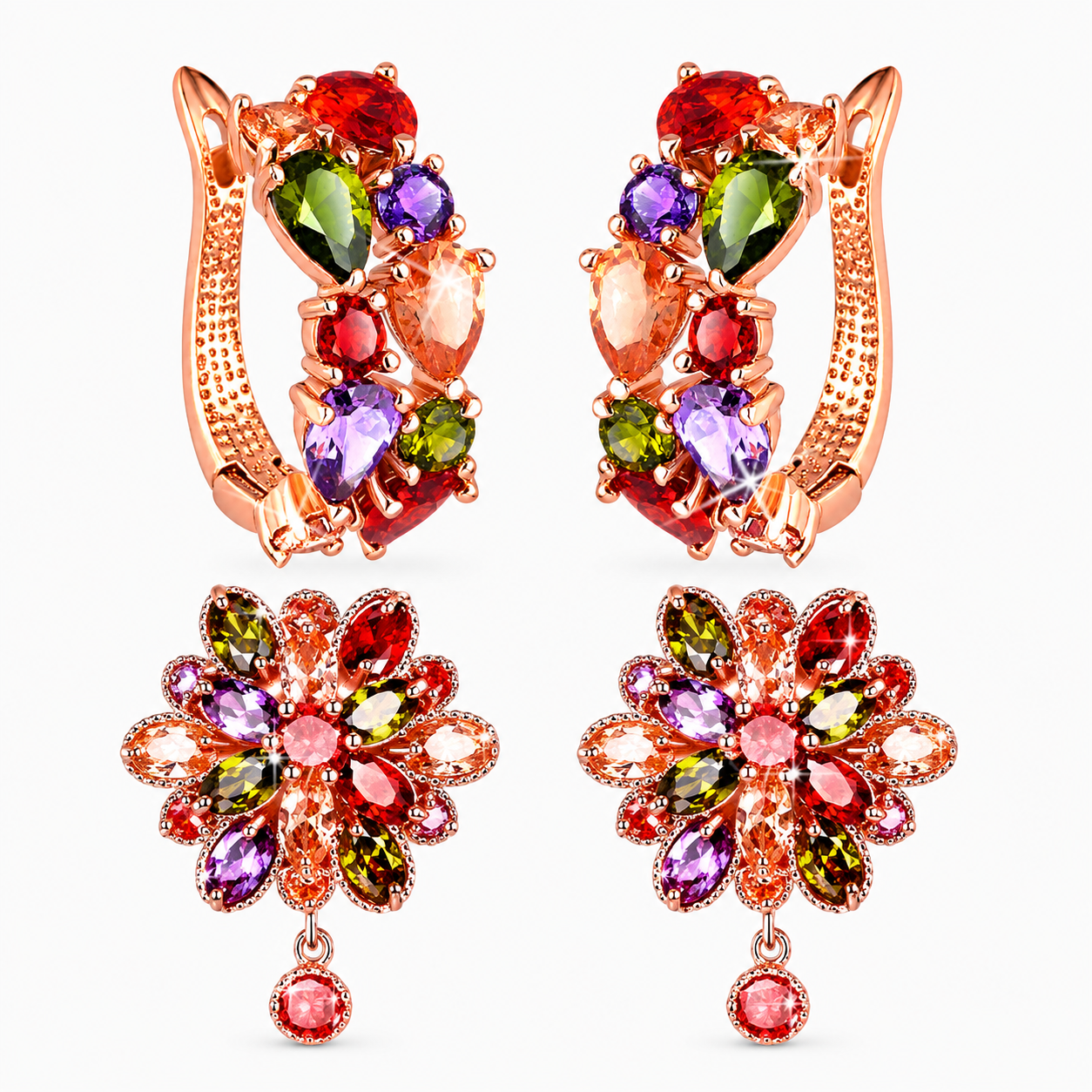 Multicolor Crystal Rose Gold Hoop and Flower Earrings Wholesale